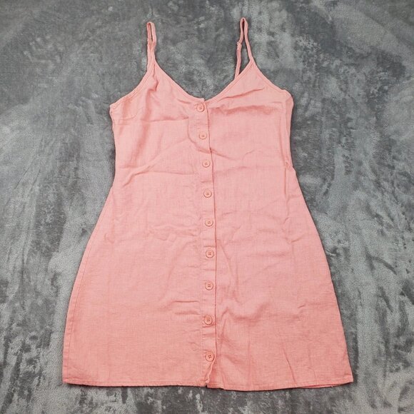 Forever 21 Womens Dress Sz M Coral Orange Button Front Mini Linen Blend Strappy - Picture 1 of 16